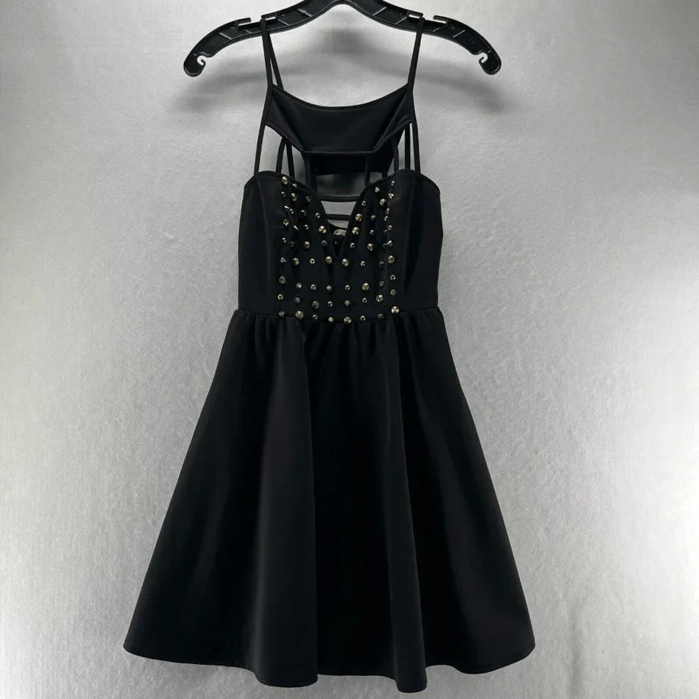 REVERSE Dress Sz Small Size A-Line Skater Mini Cage Strap Studded Stretch Black